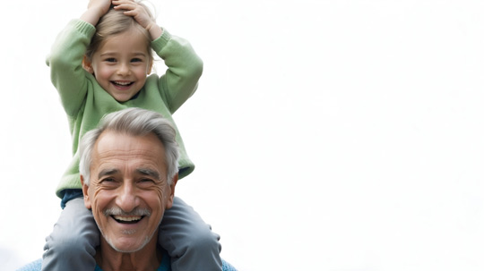 A man with a child on his shoulders. Both are smiling.