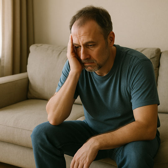A man sitting with his head on his hand looking depressed.