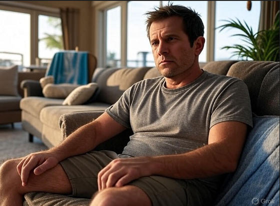 A man sitting on a sofa displaying little energy.