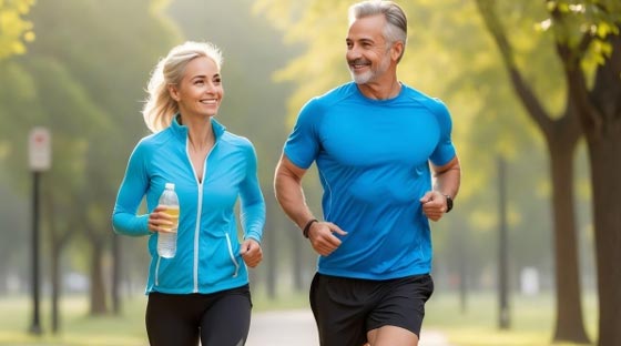 A man and woman jogging beneath a canopy of trees.
