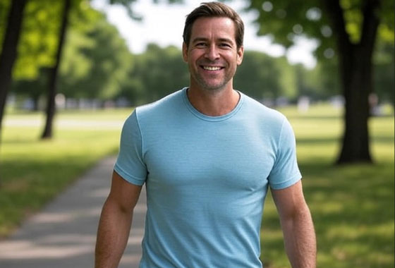 A smiling and fit man out for a walk.