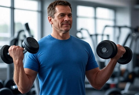 A man at the gym lifting waits.