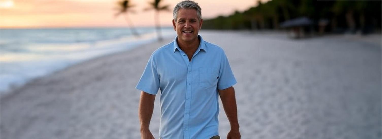 A man walking on the beach.