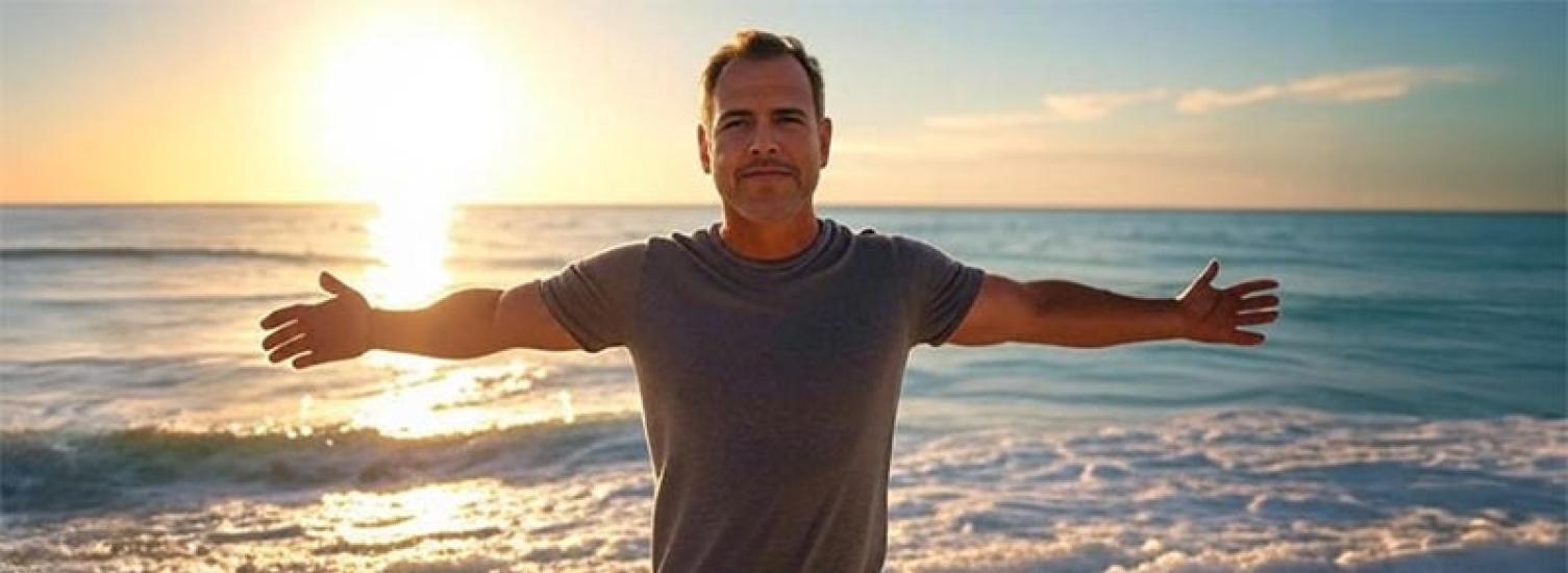 A man on a beach with arms open wide.