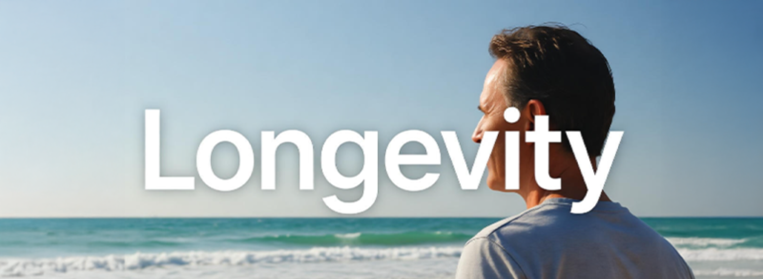 Man looking out into the surf with the word "Longevity" laid over the image.