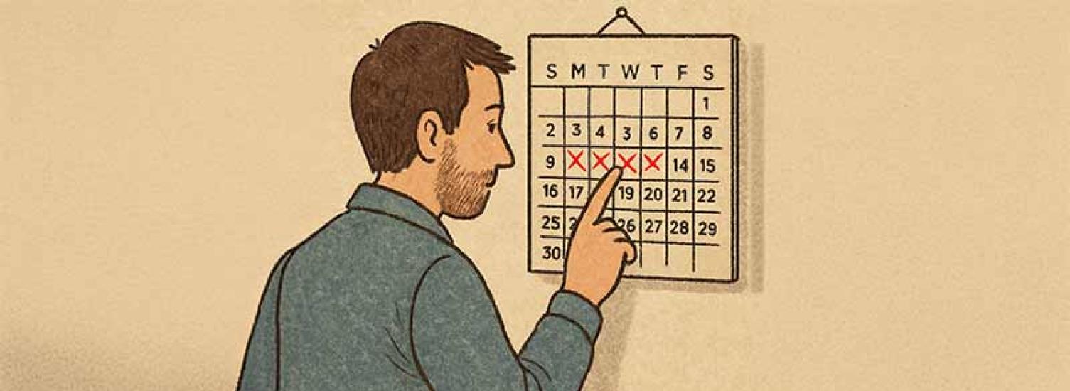 An image of a man counting days marked off of a wall calendar.