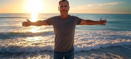 A man on a beach with arms open wide.