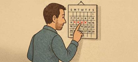 An image of a man counting days marked off of a wall calendar.