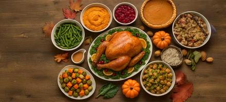 A thanksgiving spread on a wooden surface.